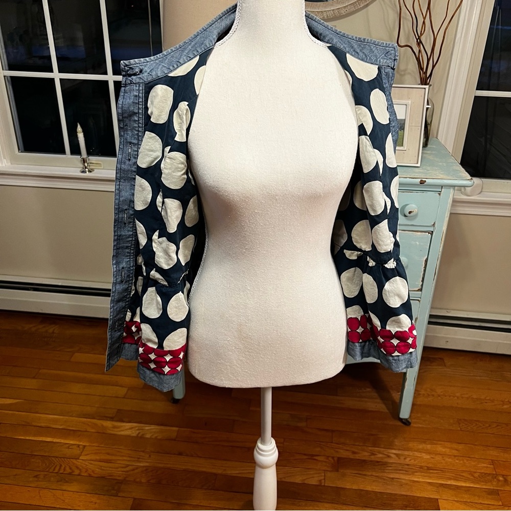 Style & Co denim light jacket with pockets. Polka dot lining. Medium. D19